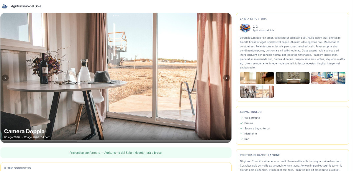 Preventivo online inviato all'ospite di B&B, agriturismo o casa vacanze